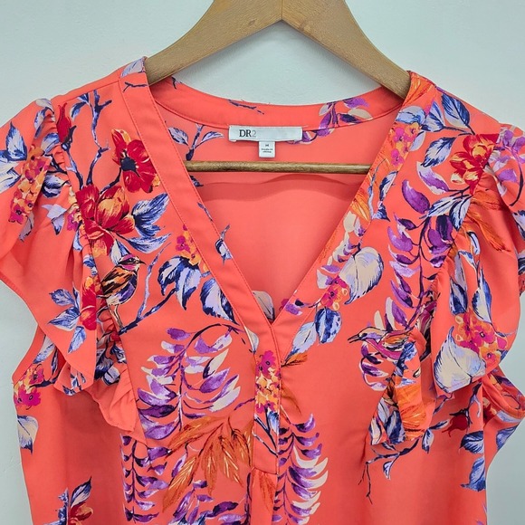 Womens M Coral Floral Ruffle Sleeve Blouse V-Neck Lightweight Boho‎ Top - Picture 8 of 13